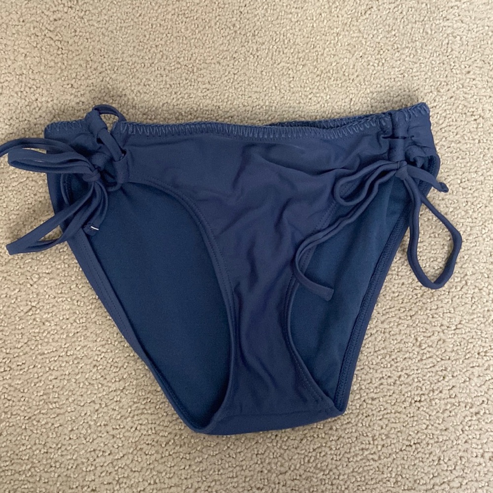 grey/blue full coverage swimsuit bottoms.